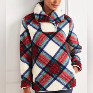 Talbots Ultra Plush Sherpa Fleece Top Zip Blue Green Plaid Women’s Med Petite